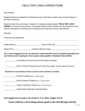 Fillable Online Field Trip Sack Lunch Order Form Lake Worth ISD Fax