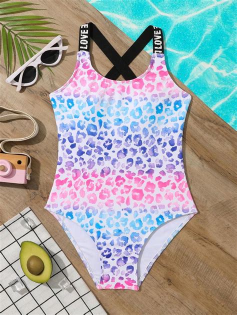 Tween Girl Leopard Print Letter Tape Criss Cross One Piece Swimsuit