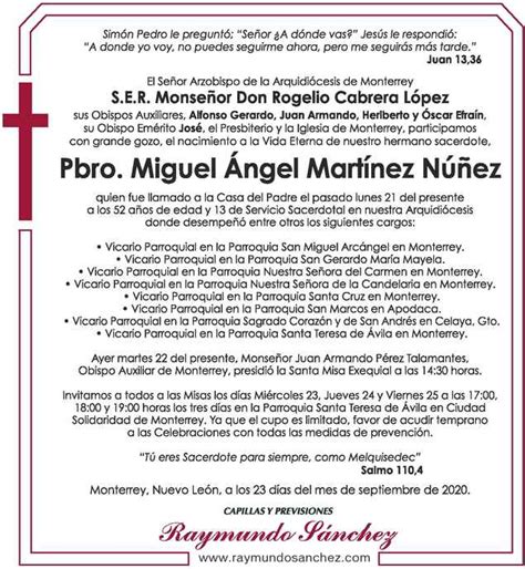 Pbro Miguel Ángel Martínez Núñez Obituario Esquela