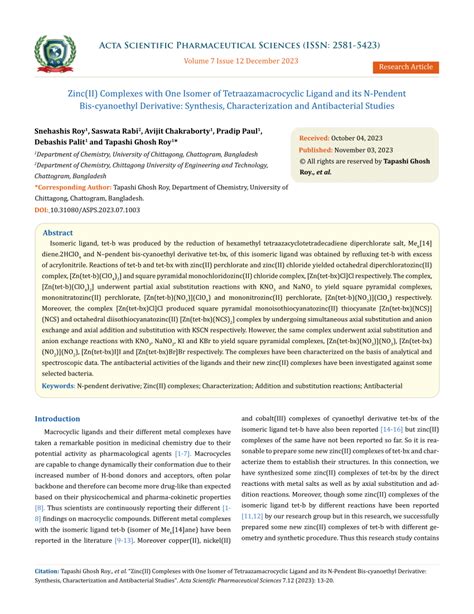 (PDF) Zinc(II) Complexes with One Isomer of Tetraazamacrocyclic Ligand ...
