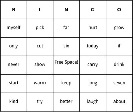 Sight Word Bingo Dolch Sight Words Bingo Card Template Bingo Cards