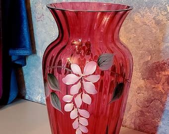 Fenton Hand Painted Cranberry Vase Etsy