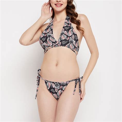Buy Secrets By ZeroKaata Women Printed Halter Neck Lingerie Black Set Of Online
