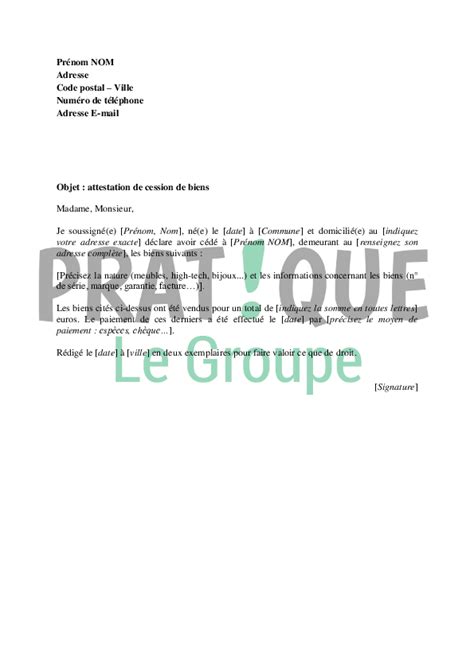 Lettre Type De Cession De Biens Pratique Fr