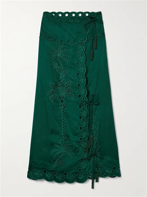 Farm Rio Richilieu Broderie Anglaise Satin Midi Wrap Skirt Green