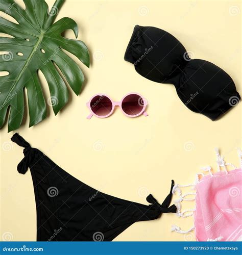 Flat Lay Composition With Stylish Bikini On Color Background Stock Photo Image Of Holiday