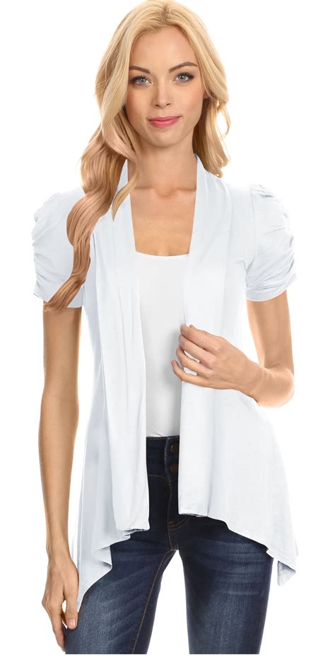 Simlu Womens Open Front Cardigan Ruched Short Sleeve Asymmetric Hem