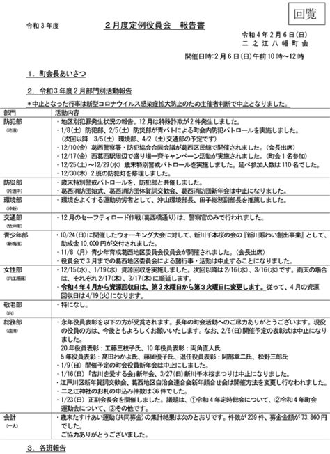 令和4年 2月度定例役員会 報告 二之江八幡町会