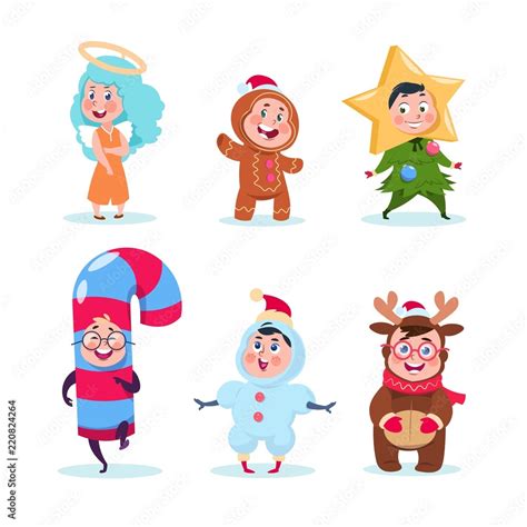 Kids in christmas costumes. Funny children celebrating xmas and winter ...