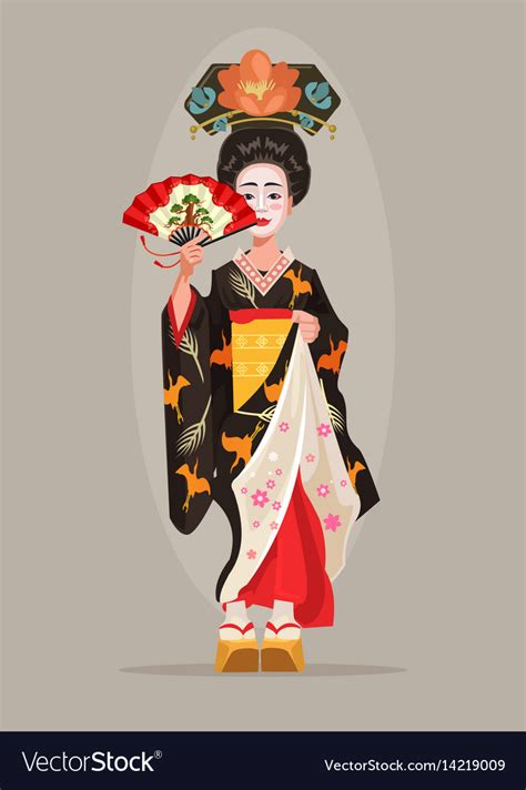 Japanese Beautiful Geisha Character Hold Fan Vector Image