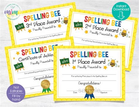 Spelling Bee Certificates First Second Third Place And Etsy