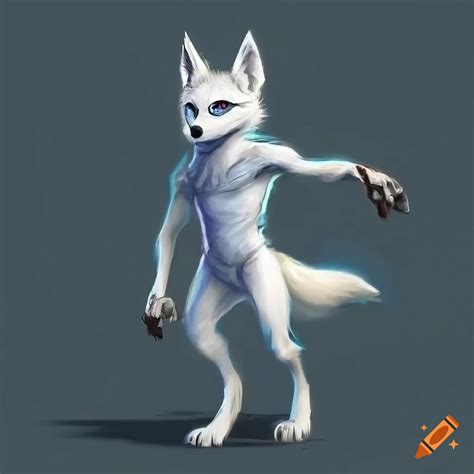 Anthropomorphic Male White Wolf With Fennec Fox Ears And Blue Eyes