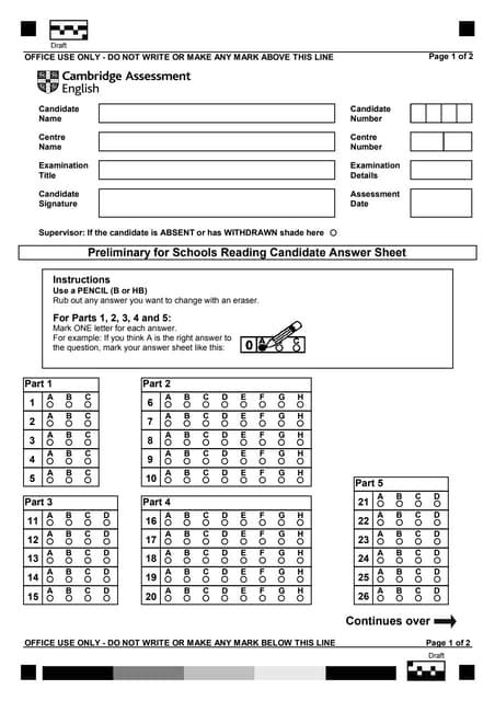 B1 Preliminary For Schools Reading Sample Answer Sheet Pdf