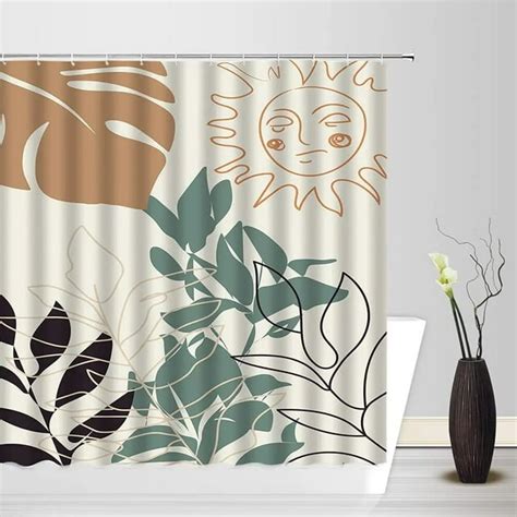 3d Modern Abstract Line Shower Curtains Boho Line Plant A Leaf Mid