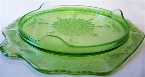 Green Depression Glass Footed Cake Plate Snack Tray Embossed Etsy