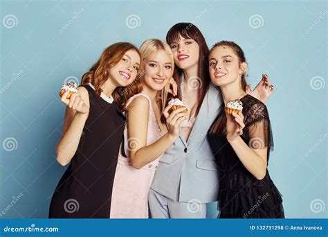 Women Celebrate The Holiday Party Having Fun Laughing And Eating Cakes