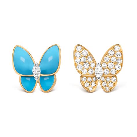 Two Butterfly Earrings K Yellow Gold Diamond Turquoise Van Cleef