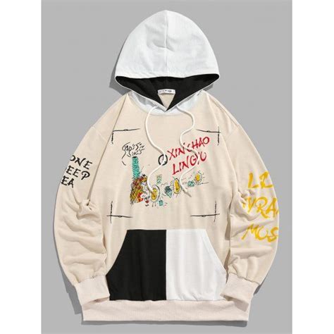 Zaful Colorblock Cartoon Fruit Letter Graffiti Print Hoodie L Multi D