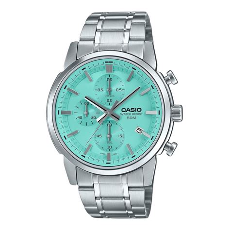 Casio Standard Analog Chronograph Stainless Steel Turquoise Dial Quartz