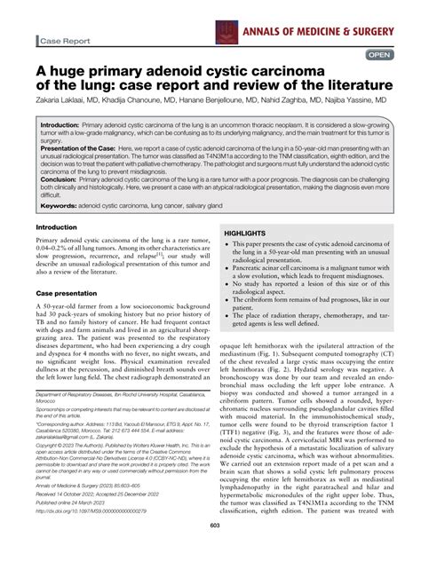 Pdf A Huge Primary Adenoid Cystic Carcinoma Of The Lung Case Report And Review Of The Literature