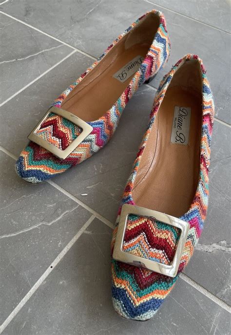 Diane B Milano Bargello Buckle Flats Red Blue Orange Gem