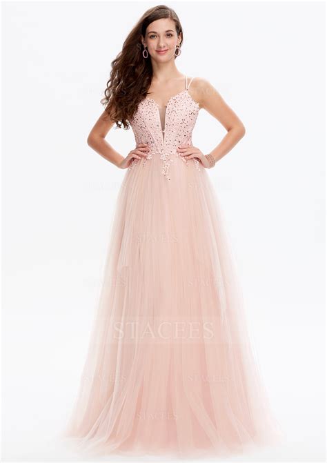 A Line Princess V Neck Sleeveless Tulle Long Floor Length Prom Dress