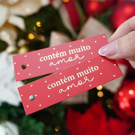 Tag Palito Hot Stamping Dourado Contém Muito Amor vermelho Luli Paper