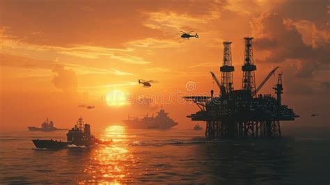 Helicopters and Ships Near Offshore Oil Rig at Sunset in the Gulf of ...