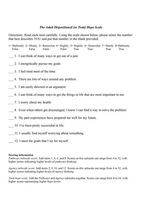 The Adult Dispositional Hope Scale The Adult Dispositional Or Trait