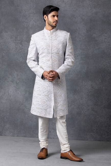 Buy Ankit V Kapoor Grey Pure Georgette Lucknowi Embroidered Sherwani