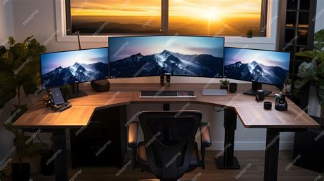 Premium Photo | Cuttingedge standing desk setup with dual monitors and wireless charging