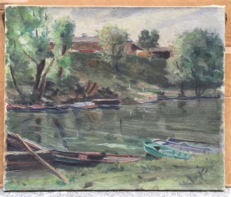 Tableau Impressionniste Ancien Huile Paysage Barques Arbres Reflets