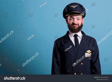 Smiling Airplane Pilot Wearing Uniform Hat Stock Photo 2247351815 ...