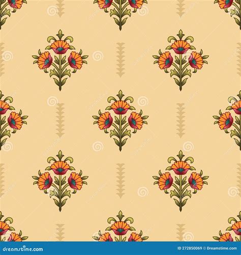 Seamless Mughal Floral Motif Pattern On Digital Background Stock