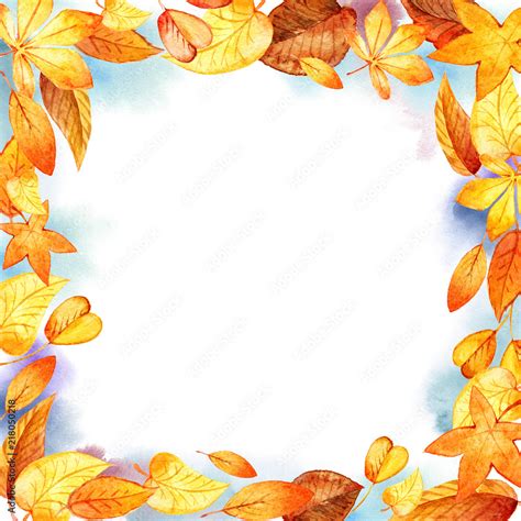 Autumn Leaves Fall Frame Template Watercolor Illustration Isolated ...