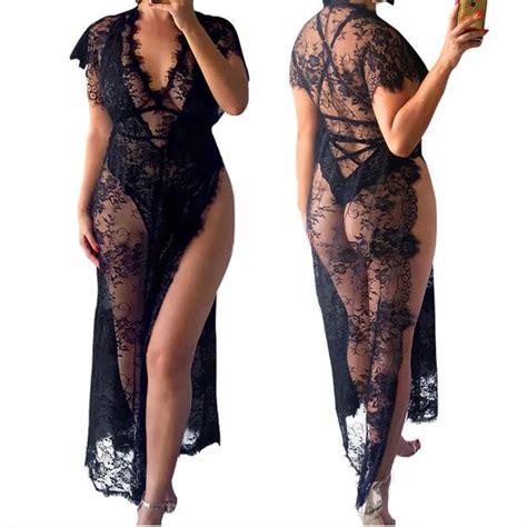 Black Lace Dress Sexy Lingerie Kaftan Women Mesh Sheer Bodysuit In