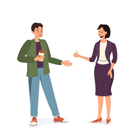 A Man With A Cup Of Coffee And A Woman In A Suit Are Talking Working Or