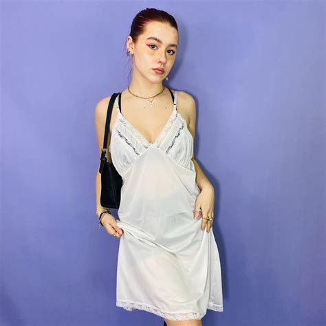 Vintage S White Satin Lace Trim Midi Dress Size Depop