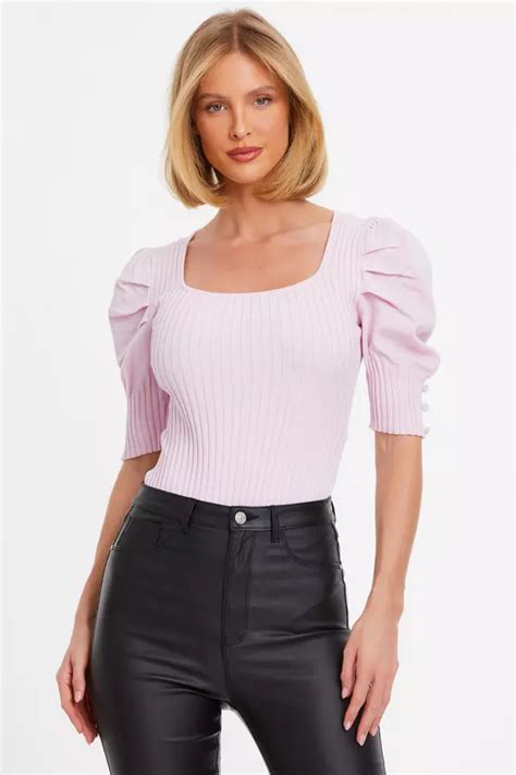 Pink Knitted Puff Sleeve Bodysuit Quiz Clothing