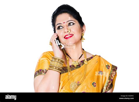 Indian Marathi Woman Diwali Celebration Talking Mobile Phone Stock