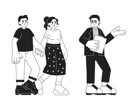 Clients real-estate agent showing house black and white cartoon flat