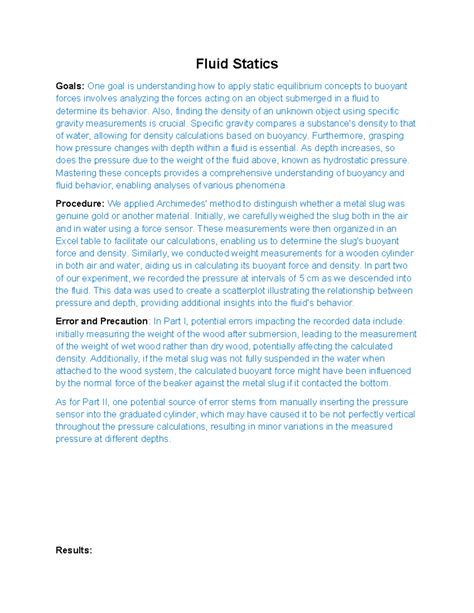 Fluid Statics Lab Fluid Statics Goals One Goal Is Understanding How