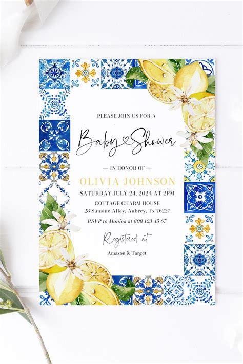 Positano Blue Tiles Lemon Baby Shower Invitation Bundle Template