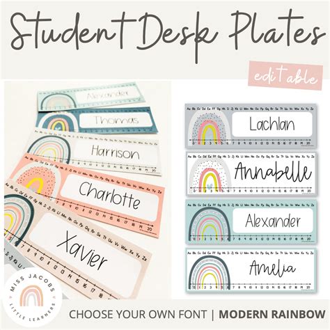 Modern Rainbow Student Desk Plates Editable Boho Rainbow Name Tags