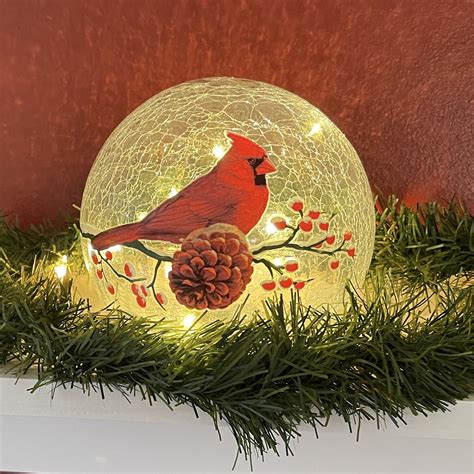 T Essentials Christmas Cardinal Led Crackle Glass Globe Decor Indoor Battery Operated