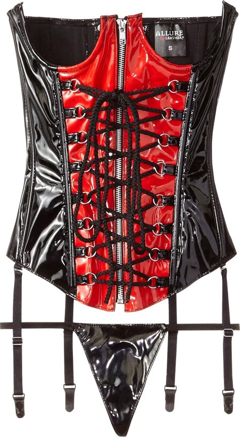 Amazon Allure Lingerie Women S Vinyl Cup Less Corset With G String Red Black X Large