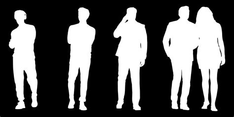 Set of silhouettes of men and a women, a group of standing people white ...