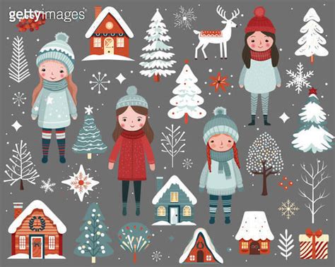 Scandi Christmas Elements Cute Girls Trees Houses Set Of Hand Drawn