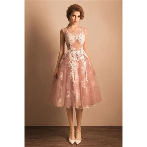 A Line Bateau Neckline Tea Length Dusty Rose Tulle Lace See Through