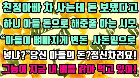 카카오실화사연 친정아빠 차 사는데 돈 보탰다고 하니 아들 돈으로 해준줄 아는 시모“아들이 뼈빠지게 번돈 사돈밑으로 넣냐”당신